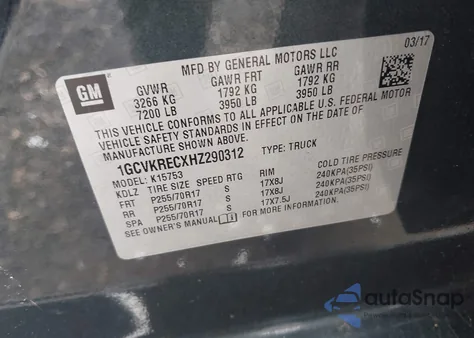 2017 Chevrolet Silverado 1500 1Lt from USA, damaged, VIN 1GCVKRECXHZ290312